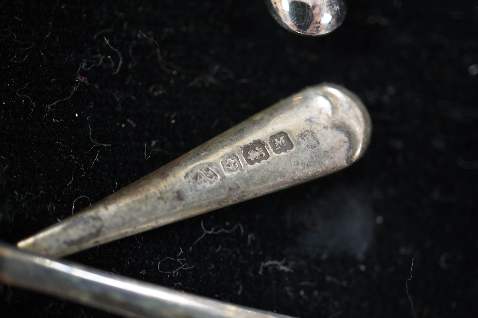 A cased 1960's three piece silver condiment set by William Suckling Ltd and and a cased pair of George III silver berry spoons, George Smith IV, London, 1812. Condition - fair